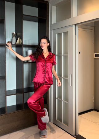 Premium İpek Saten Vişne Gömlek Yaka Pantolon Pijama Takımı