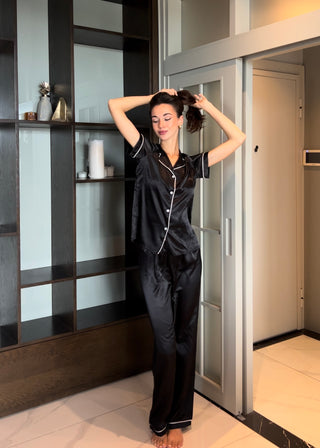 Premium İpek Saten Siyah Gömlek Yaka Pantalon Pijama Takımı