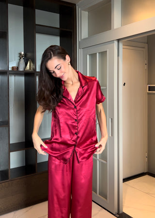Premium İpek Saten Vişne Gömlek Yaka Pantolon Pijama Takımı