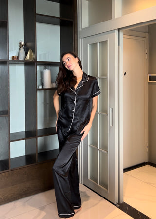 Premium İpek Saten Siyah Gömlek Yaka Pantalon Pijama Takımı