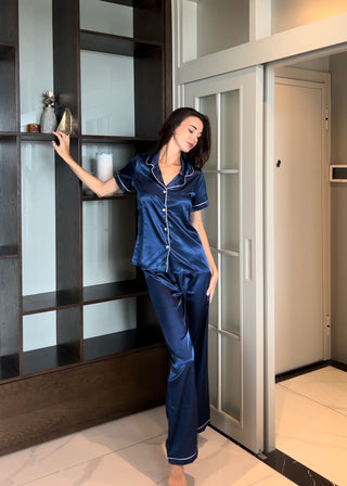 Premium İpek Saten Lacivert Gömlek Yaka Pantolon Pijama Takımı