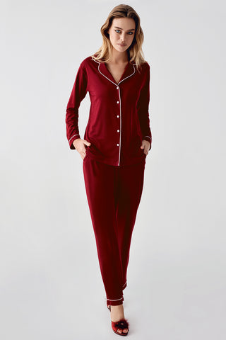 Premium Bordo Gömlek Yaka Uzun Kollu Pijama Takımı