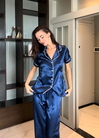 DENEME Premium İpek Saten Gömlek Yaka Pantalon Pijama Takımı