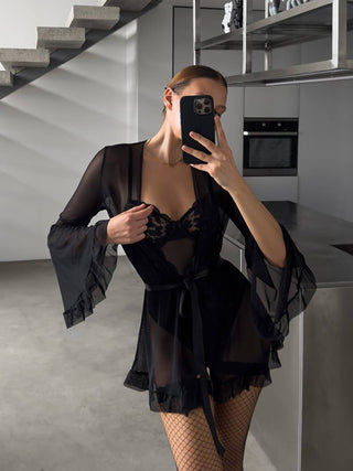 Penolie Siyah Bodysuit Sabahlık Set