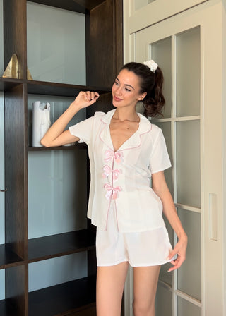 Beyaz Fiyonk Detay Dokuma Pijama Takımı