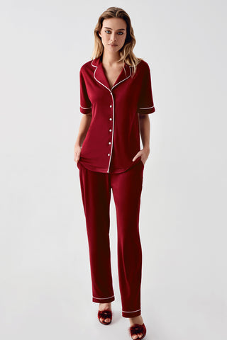 Premium Bordo Gömlek Yaka Kısa Kollu Pijama Takımı