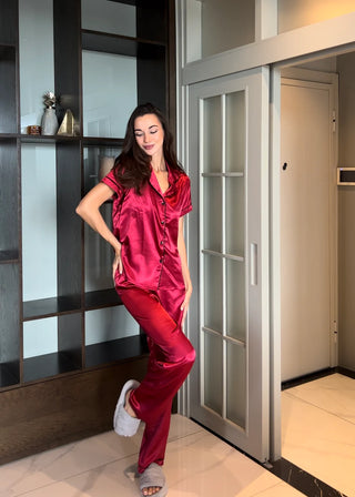 DENEME Premium İpek Saten Gömlek Yaka Pantalon Pijama Takımı