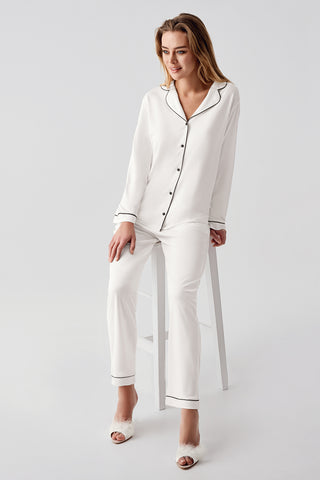 Premium Beyaz Gömlek Yaka Uzun Kollu Pijama Takımı