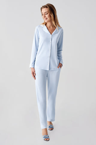 Premium Bebe Mavisi Gömlek Yaka Uzun Kollu Pijama Takımı
