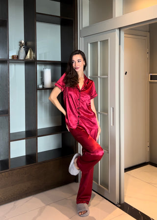 Premium İpek Saten Vişne Gömlek Yaka Pantolon Pijama Takımı