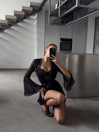 Penolie Siyah Bodysuit Sabahlık Set