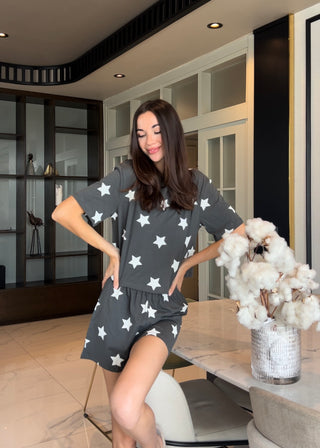 %100 Pamuklu Yıldız Desen Siyah Pijama Takımı