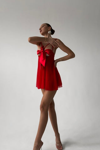 Kırmızı Fiyonk Detaylı Babydoll