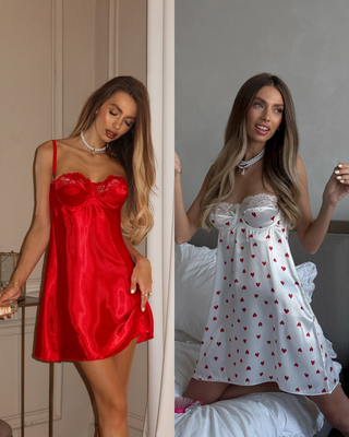 Kalpli ve Kırmızı 2’li Saten Gecelik Set