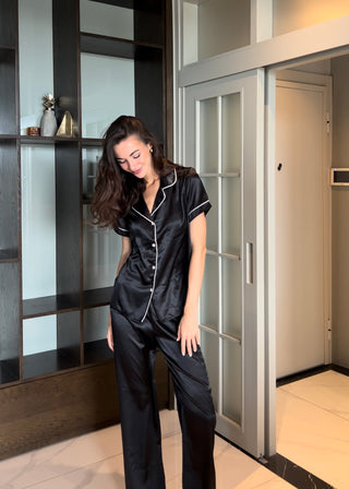 Premium İpek Saten Siyah Gömlek Yaka Pantalon Pijama Takımı