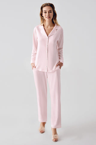 Premium Pudra Gömlek Yaka Uzun Kollu Pijama Takımı