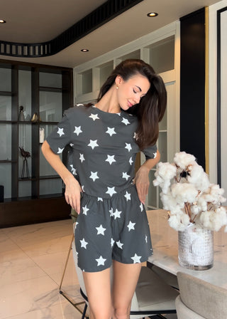 %100 Pamuklu Yıldız Desen Siyah Pijama Takımı