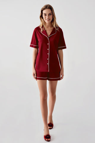 Premium Bordo Gömlek Yaka Şort Pijama Takımı
